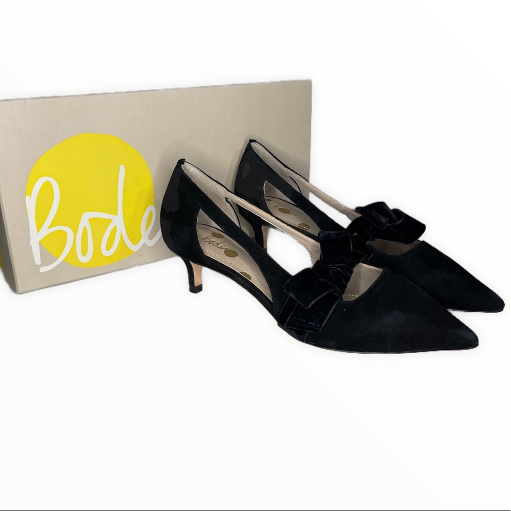 Boden Robyn Black Suede Leather Pointed Toe Bow Tie Kitten Heels Size 38